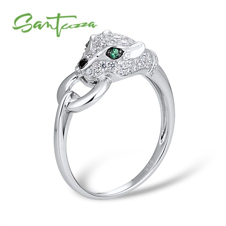 SANTUZZA 925 Sterling Silver Ring Green Spinel White Cubic Zirconia Leopard Panther Animal Trendy Jewelry