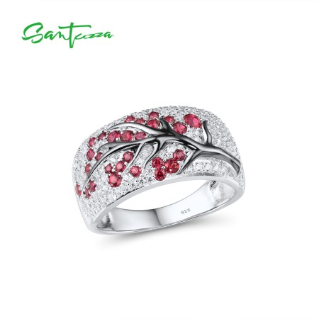 SANTUZZA Ring 925 Sterling Silver Red Green Cherry Tree Cubic Zirconia Jewelry