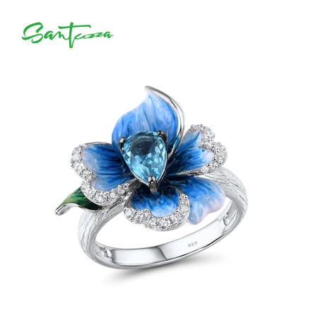 SANTUZZA Rings 925 Sterling Silver Blue Orchid flower Fine Jewelry Enamel