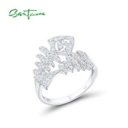 SANTUZZA 925 Sterling Silver Rings White Cubic Zirconia Fish Bone Animal Skeleton Jewelry