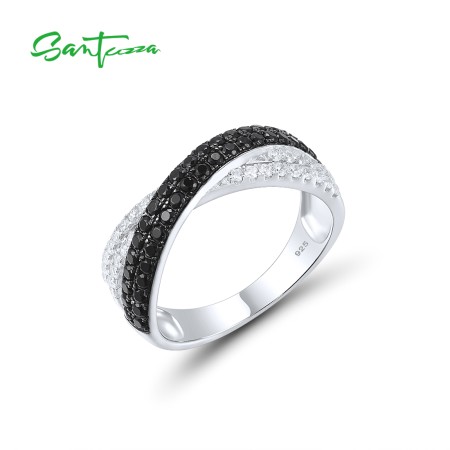 SANTUZZA 925 Sterling Silver Sparkling Black Spinel Blue White CZ Cross Ring Jewelry