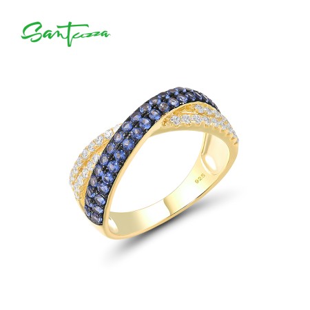 SANTUZZA 925 Sterling Silver Sparkling Black Spinel Blue White CZ Cross Ring Jewelry
