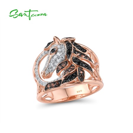 SANTUZZA 925 Sterling Silver Ring Rose Gold Color Black Brown Horse Hollow Fine Jewelry