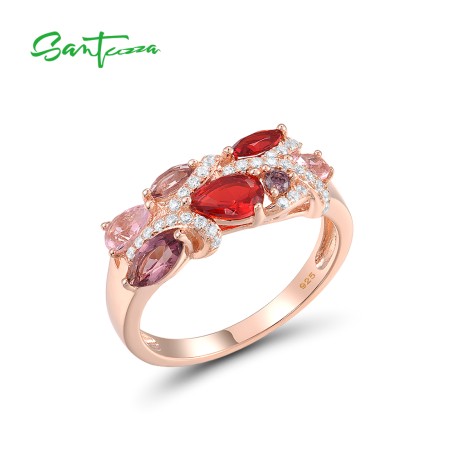 SANTUZZA Silver Rings 925 Sterling Silver Red Pink Stones White CZ Jewelry