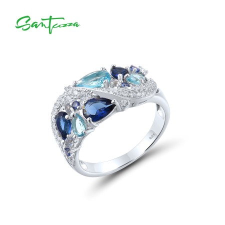 SANTUZZA Rings 925 Sterling Silver Sparkling Blue Stones White Cubic Zirconia Fine Jewelry