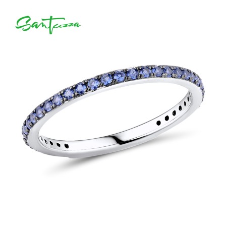 SANTUZZA 925 Sterling Silver Rings Blue Nano Cubic Zirconia Finger Stackable Fine Jewelry