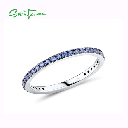 SANTUZZA 925 Sterling Silver Rings Blue Nano Cubic Zirconia Finger Stackable Fine Jewelry