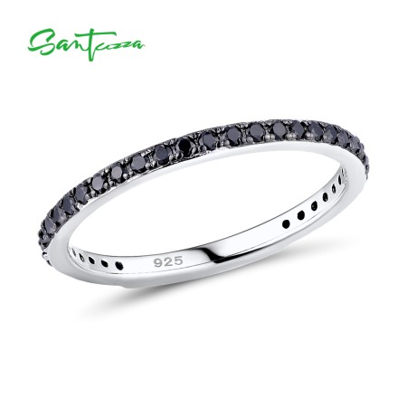 SANTUZZA 925 Sterling Silver Rings Black spinel Finger Stackable Fine Jewelry
