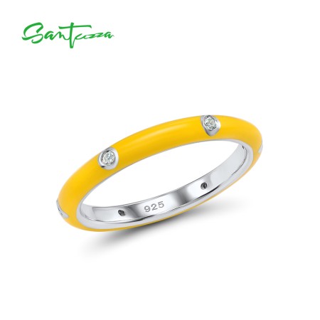 SANTUZZA  925 Sterling Silver White Cubic Zirconia Stackable Ring Jewelry Yellow Enamel