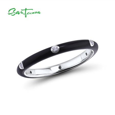 SANTUZZA 925 Sterling Silver White Cubic Zirconia Stackable Ring Jewelry Dark Black Enamel