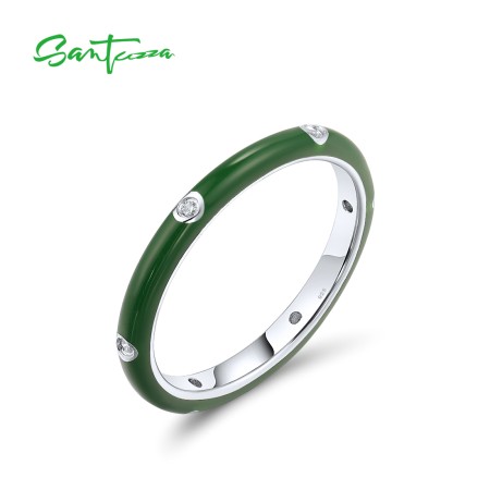 SANTUZZA 925 Sterling Silver White Cubic Zirconia Stackable Ring Jewelry Dark Green Enamel