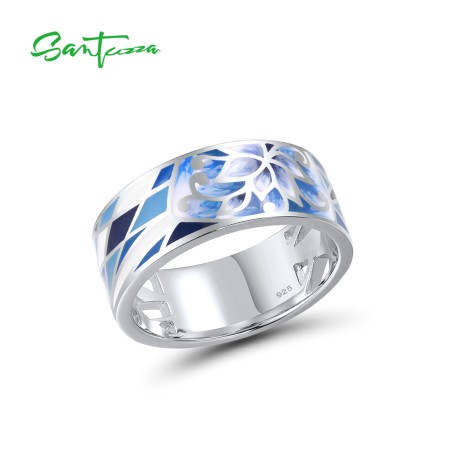 SANTUZZA Silver Rings 925 Sterling Silver Blue Flower Enamel Rings Jewelry
