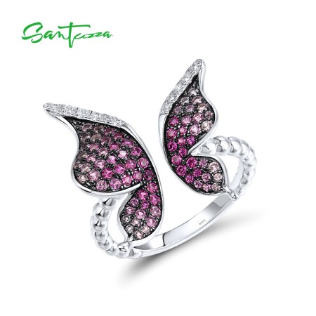 SANTUZZA 925 Sterling Silver Ring Created Pink Sapphire Ruby Opened Butterfly Jewelry
