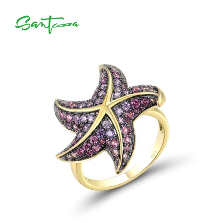 SANTUZZA 925 Sterling Silver Rings Amethyst CZ Pink Stones Star Fish Ring Ocean Fine Jewelry