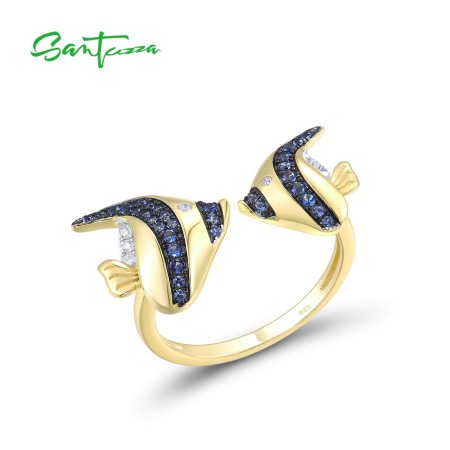 SANTUZZA 925 Sterling Silver Rings Blue White Cubic Zirconia Fish Adjustable Ring Fine Jewelry
