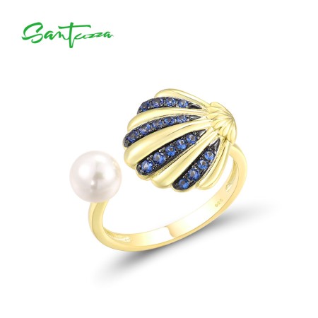 SANTUZZA 925 Sterling Silver Adjustable Rings Blue Nano CZ White Shell Beads Fine Jewelry