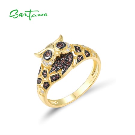 SANTUZZA 925 Sterling Silver Ring Chocolate/White CZ Gold Color Owl Animal Fine Jewelry