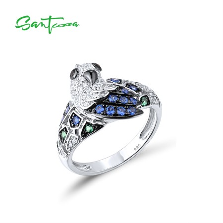 SANTUZZA 925 Sterling Silver Rings White/Blue CZ Green/Black Spinel Parrot Rings Birds Fine Jewelry
