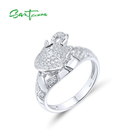 SANTUZZA 925 Sterling Silver Rings White CZ Black Spinel Elephant Ring Cute Animal Jewelry