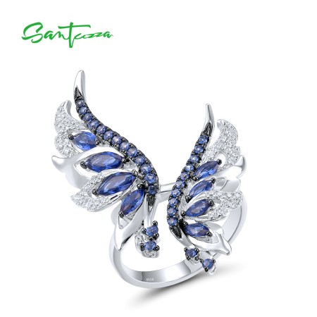 SANTUZZA 925 Sterling Silver Rings Blue White Cubic Zirconia Angel Wings Jewelry