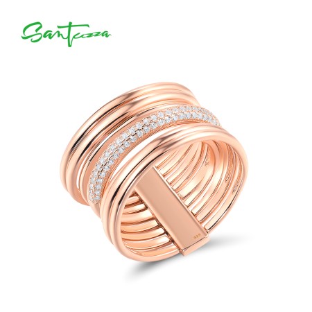 SANTUZZA 925 Sterling Silver Layerable Ring White Cubic Zirconia Thick Modern Jewelry