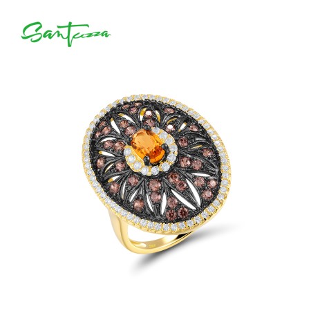 SANTUZZA 925 Sterling Silver Rings Chocolate CZ Flower Oval Jewelry