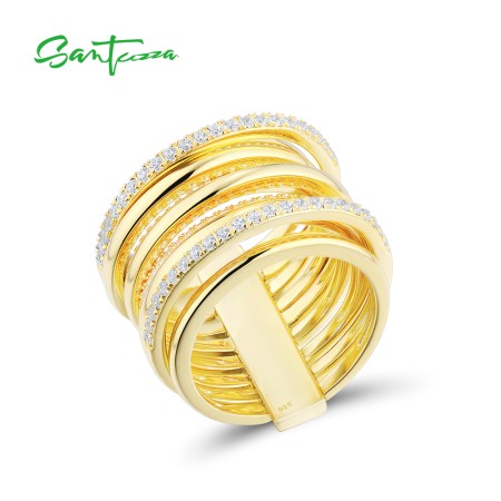 SANTUZZA 925 Sterling Silver Layer Ring White Cubic Zirconia Yellow Gold Plated Jewelry