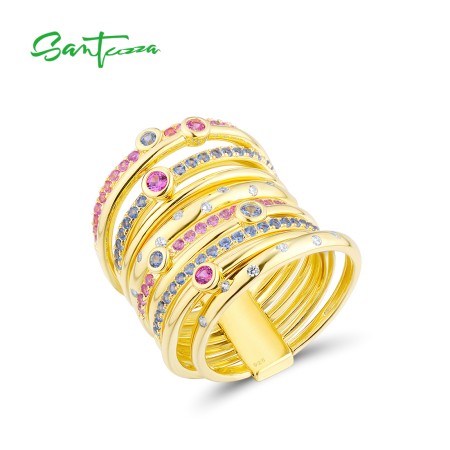 SANTUZZA 925 Sterling Silver Layer Ring Pink Blue Gemstones Yellow Gold Plated Jewelry