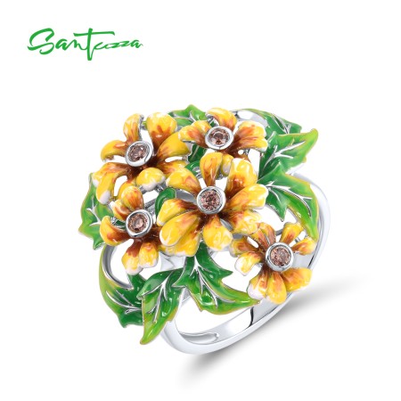 SANTUZZA 925 Sterling Silver Ring Enamel Yellow Flowers Green Leaf Fine Jewelry