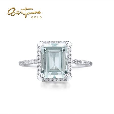 SANTUZZA 14K 585 White Gold Ring Diamond Rectangle Green Amethyst (Prasiolite )  Fine Jewelry