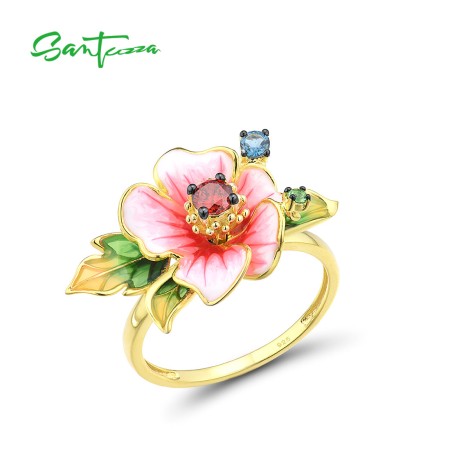 SANTUZZA 925 Sterling Silver Rings Blooming Pink Enamel Flower Garnet CZ Fine Jewelry 