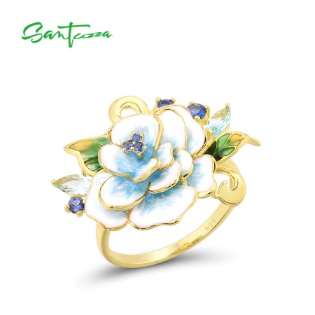 SANTUZZA 925 Sterling Silver Rings Blue Stone Blooming Flower Jewelry Enamel