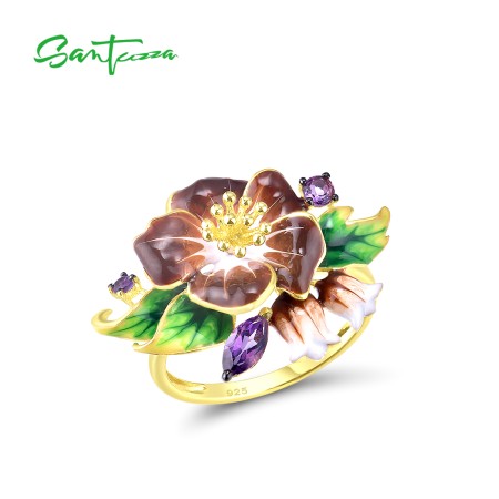 SANTUZZA 925 Sterling Silver Rings Brown Enamel Flower Amethyst CZ Fine Jewelry 