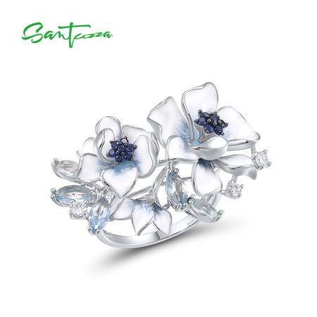 SANTUZZA 925 Sterling Silver Rings Blue Stones White CZ Handmade Enamel Flower Ring Fine Jewelry