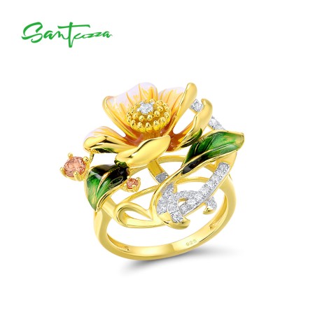 SANTUZZA Silver Rings For Women 925 Sterling Silver Yellow Flower Jewelry Enamel