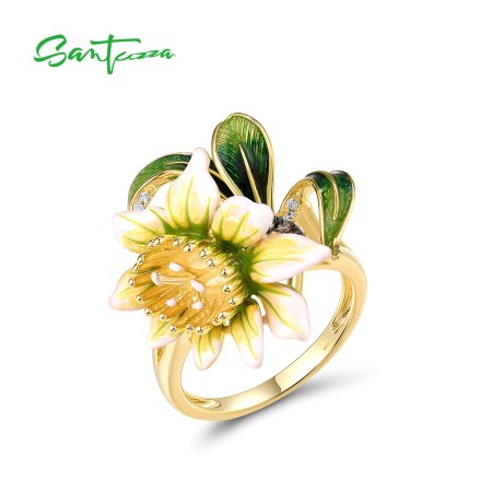 SANTUZZA 925 Sterling Silver Rings White Chocolate CZ Enamel Charming Flower Jewelry