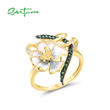 SANTUZZA 925 Sterling Silver Rings Green Spinel White CZ Handmade Enamel Flower Fine Jewelry