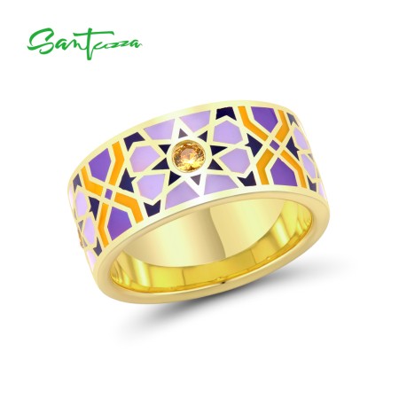 SANTUZZA 925 Sterling Silver Rings Yellow Nano Cubic Zirconia Purple Geometric Enamel Jewelry