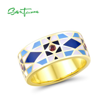 SANTUZZA 925 Sterling Silver Rings Garnet Cubic Zirconia Blue Rhombus Enamel Jewelry