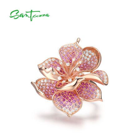 SANTUZZA 925 Sterling Silver Ring Created Ruby Pink Sapphire Flower Blossom Jewelry
