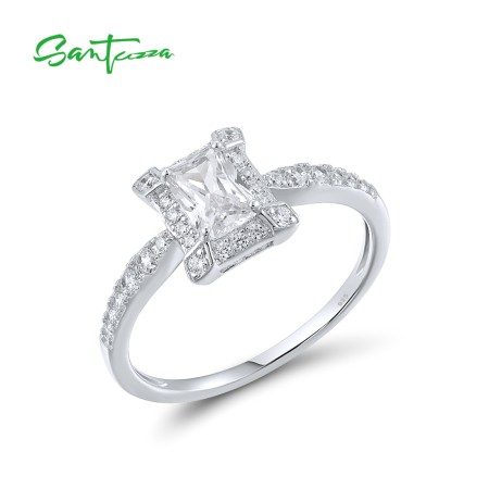 SANTUZZA 925 Sterling Silver Rectangle Ring White Cubic Zirconia Fine Jewelry