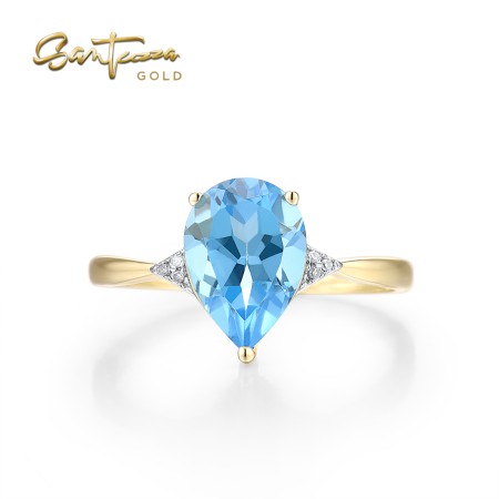 SANTUZZA 14K 585 Yellow Gold Ring Sparkling Diamond Blue Topaz Fine Jewelry