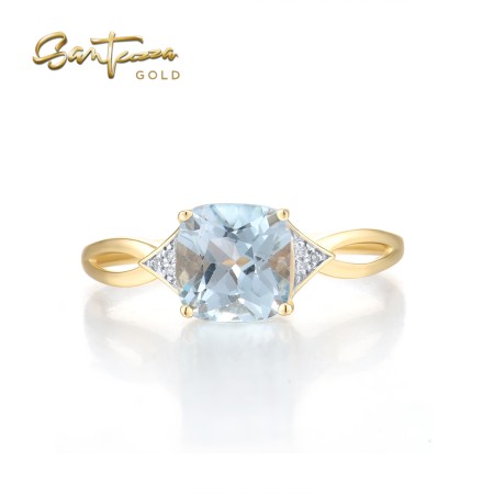 SANTUZZA 14K 585 Yellow Gold Ring Diamond Sky Blue Topaz Fine Jewelry