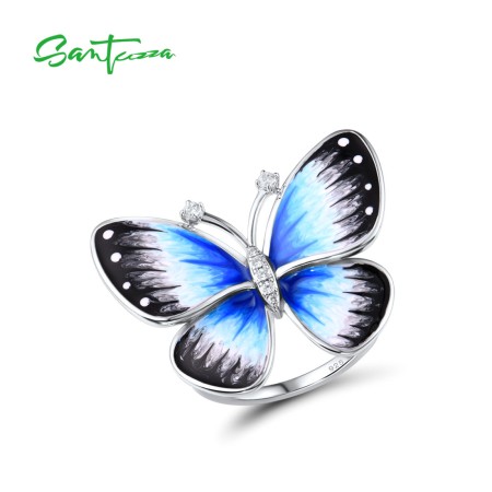 SANTUZZA 925 Sterling Silver Butterfly Rings White CZ Black Blue Enamel Jewelry 