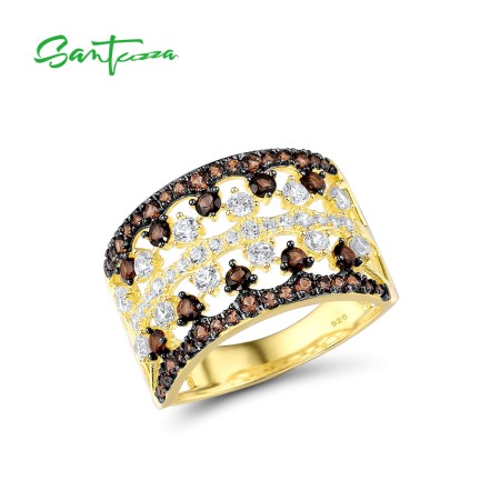 SANTUZZA 925 Sterling Silver Rings Nano Brown Spinel White CZ Gold Plated Lace Jewelry