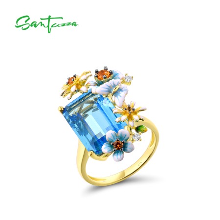 SANTUZZA 925 Sterling Silver Rings Gold Color Blue Stone Enamel Flowers Butterfly Fine Jewelry