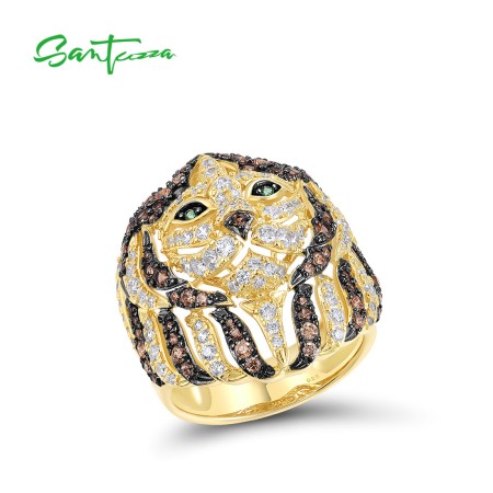 SANTUZZA 925 Sterling Silver Lion Ring For Women White CZ Nano Brown/ Green Spinel Gold Color Jewelry