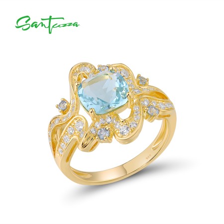 SANTUZZA 925 Sterling Silver Ring White Cubic Zirconia Blue Stones Gold Color Ring Fine Jewelry