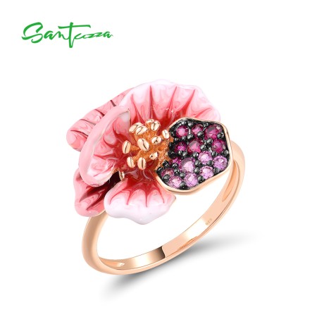 SANTUZZA 925 Sterling Silver Ring Created Red Sapphire Enamel Fancy Jewelry