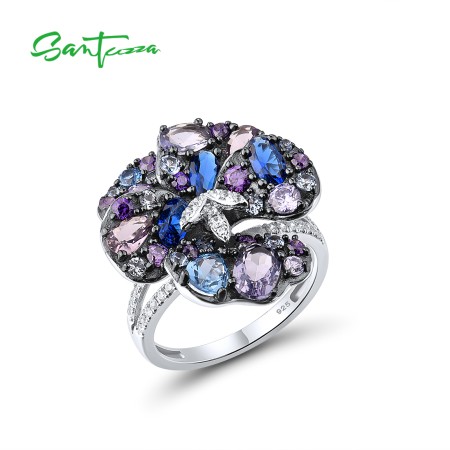 SANTUZZA Silver Ring 925 Sterling Silver Sparkling Multi Gems Blue Flower Ring Jewelry